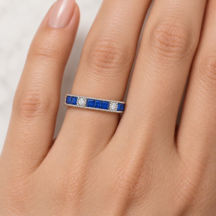 Sapphire Diamond Milgrain Band 14K White Gold