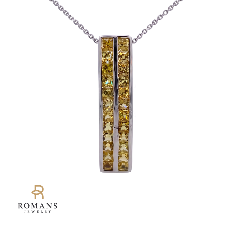 Yellow Sapphire Double Row Bar Pendant 3.12CTW 14K White Gold
