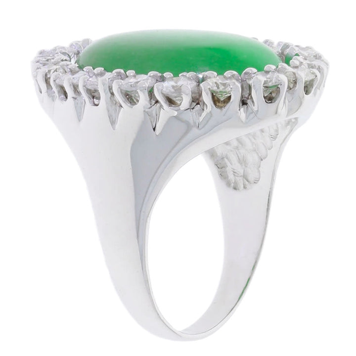 Oval Apple Jade Diamond Halo Ring 14K White Gold