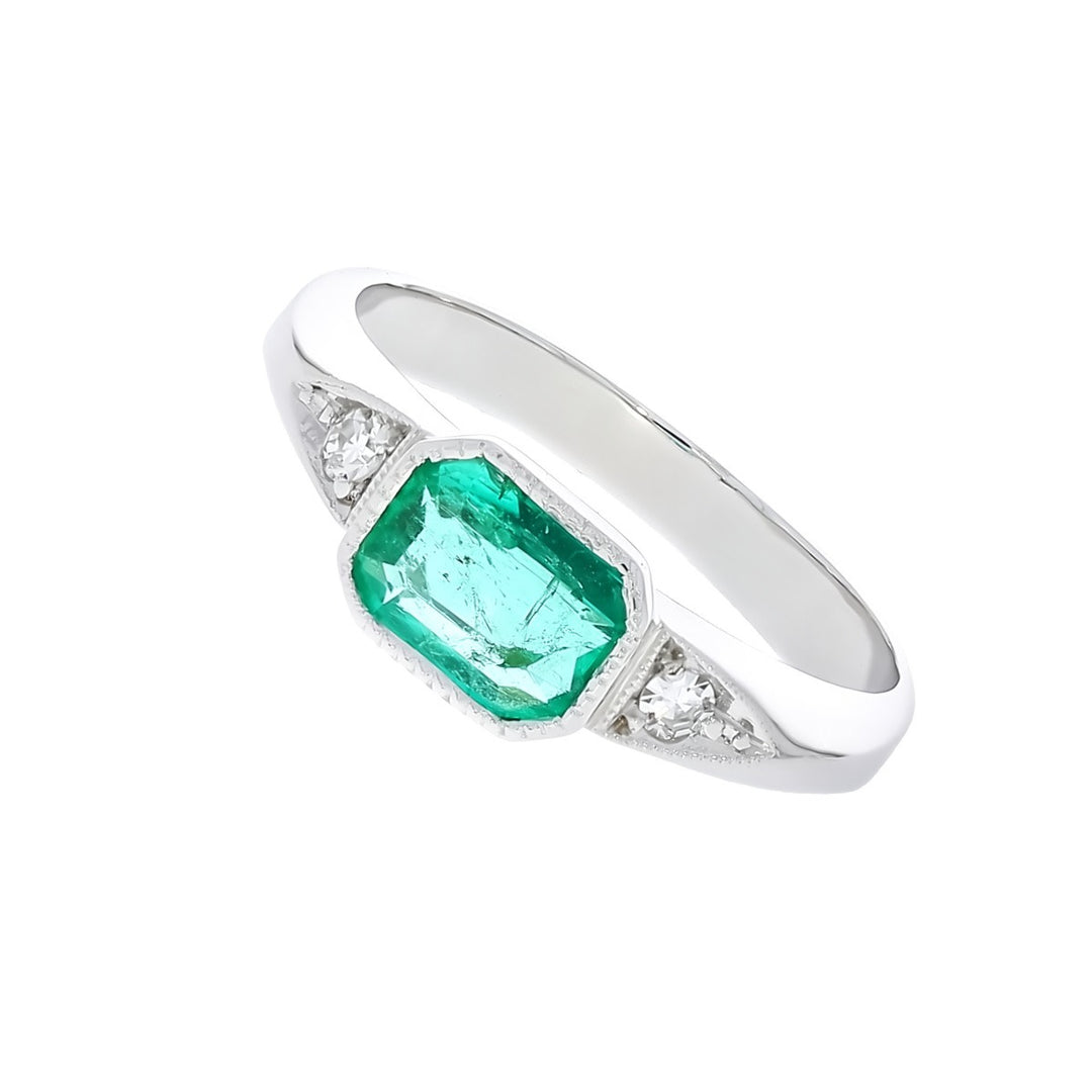 Emerald & Diamond 18K White Gold Ring 0.65 CT