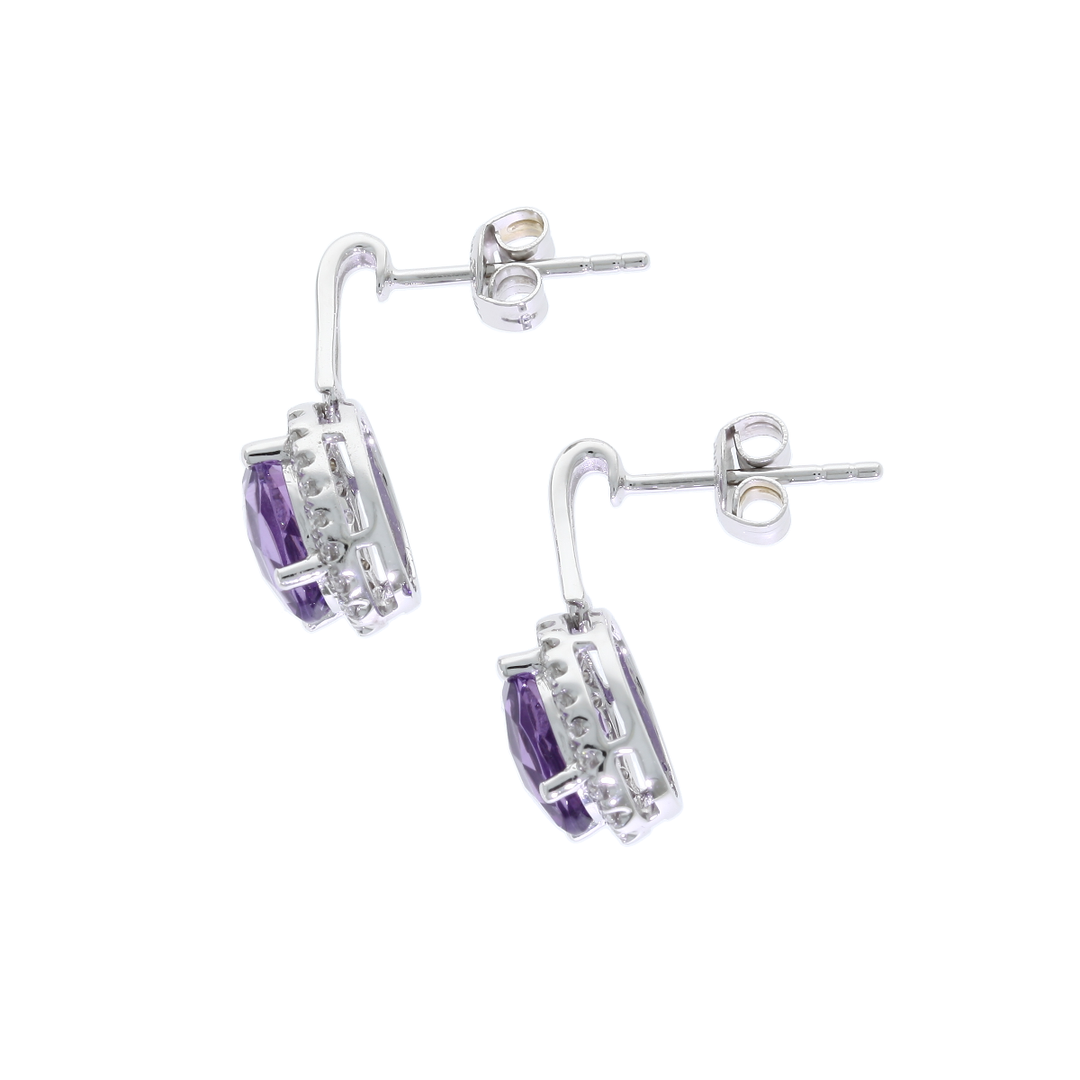 Amethyst Diamond Halo Drop Earrings 14K White Gold