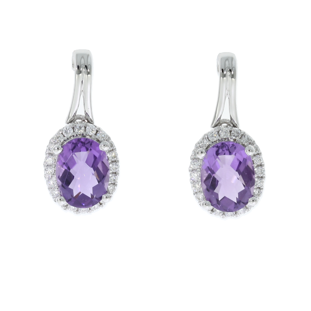 Amethyst Diamond Halo Drop Earrings 14K White Gold