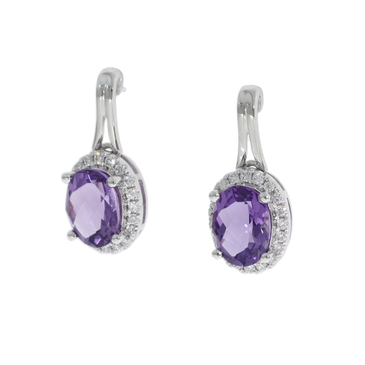 Amethyst Diamond Halo Drop Earrings 14K White Gold