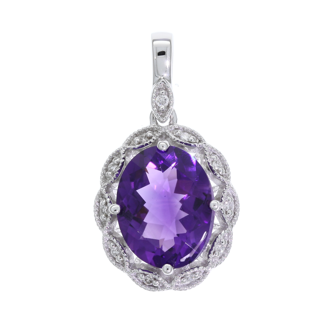 Amethyst Diamond Halo Pendant 14K White Gold