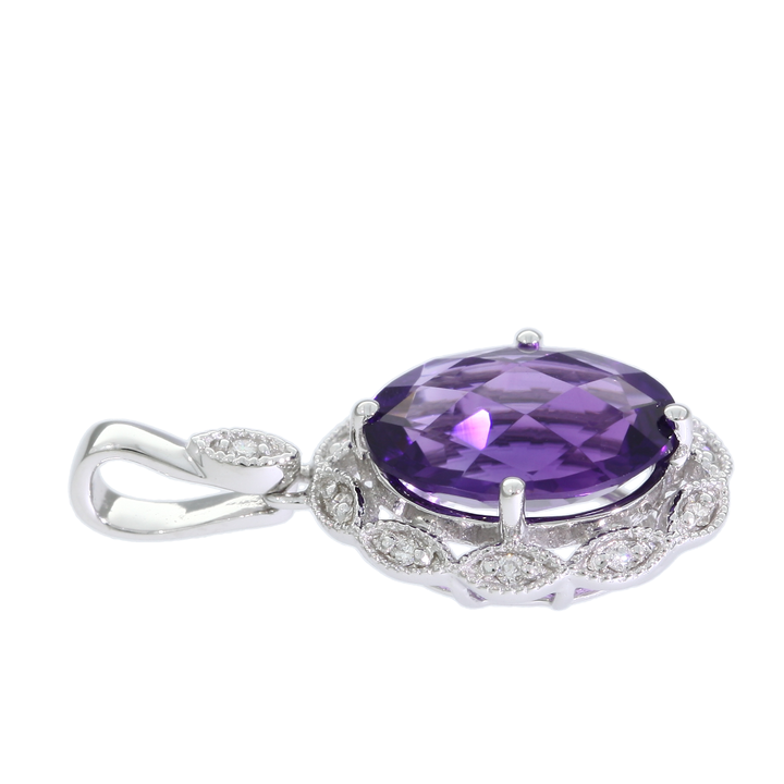 Amethyst Diamond Halo Pendant 14K White Gold