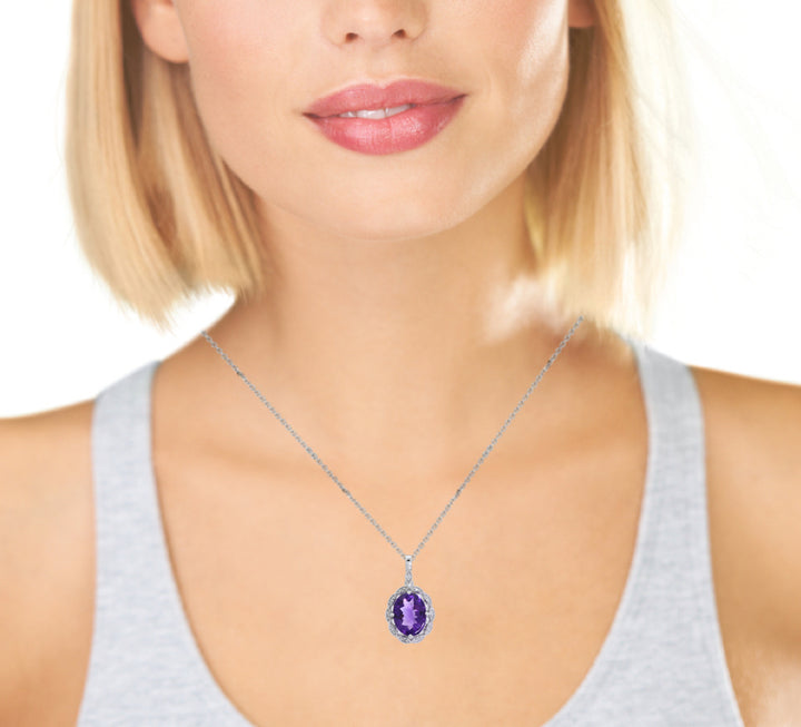 Amethyst Diamond Halo Pendant 14K White Gold