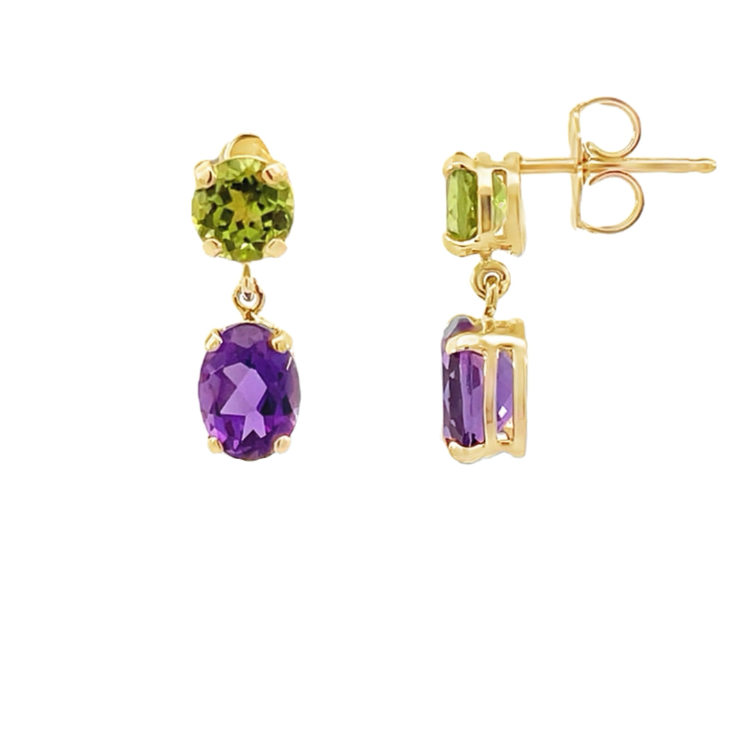 Peridot and Amethyst Dangle Earrings 14K Yellow Gold