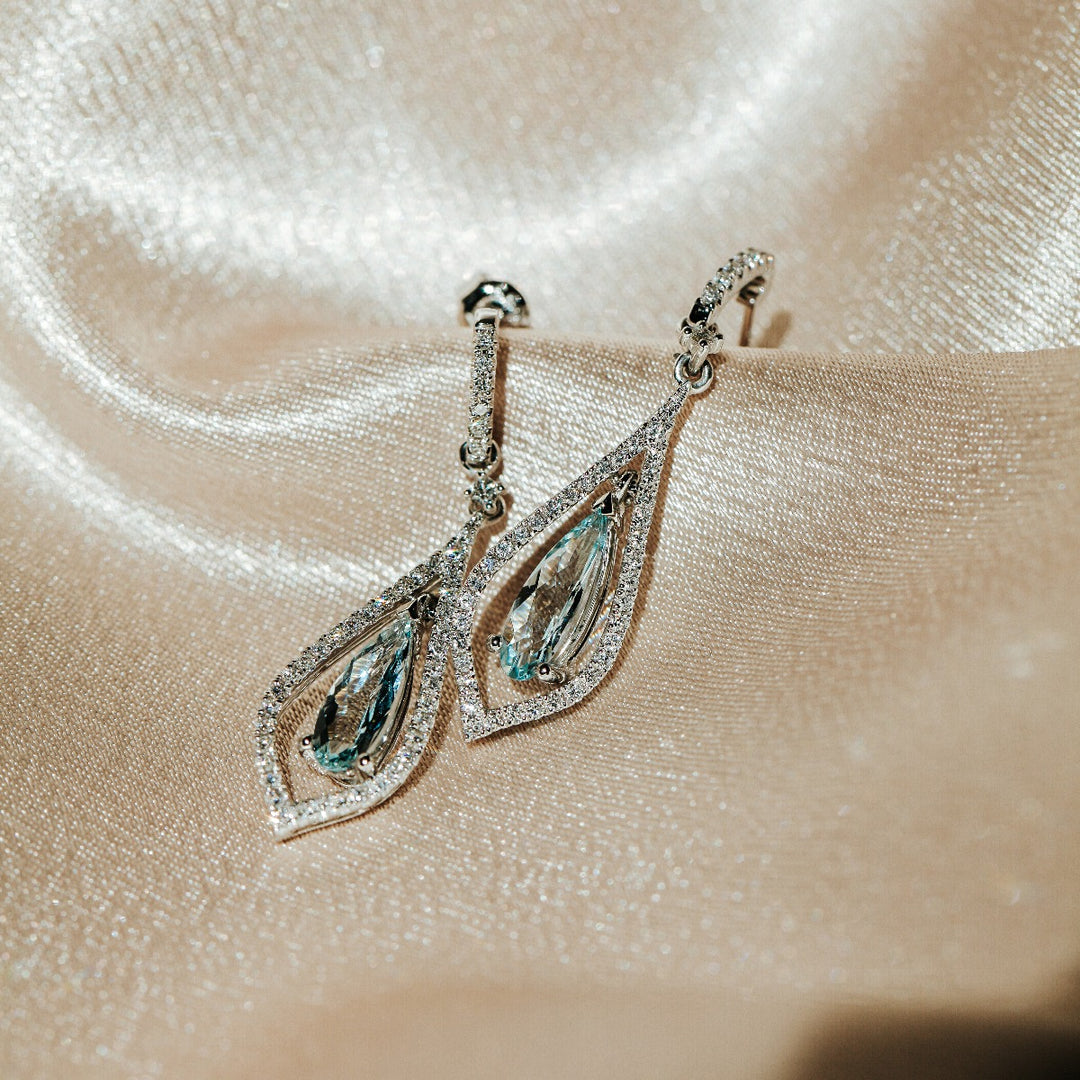 Aquamarine Diamond Halo Dangle Earrings 14K White Gold