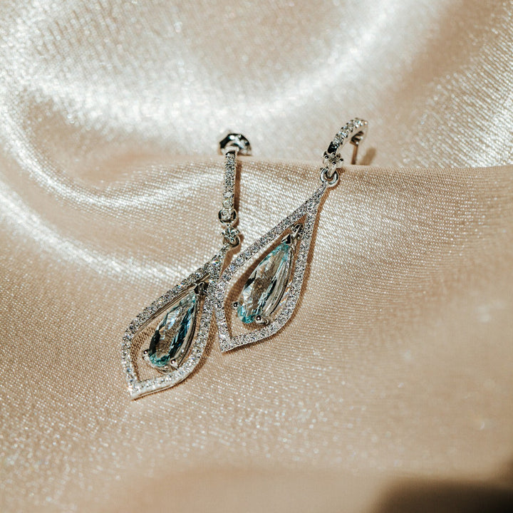 Aquamarine Diamond Halo Dangle Earrings 14K White Gold