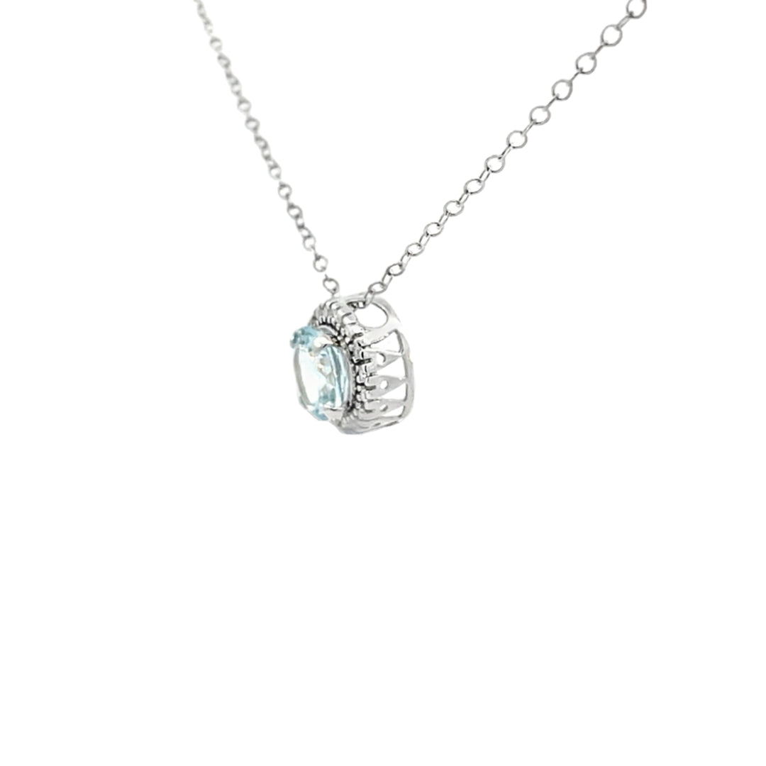 Aquamarine Diamond Halo Slider Pendant 14K White Gold 1.07CT