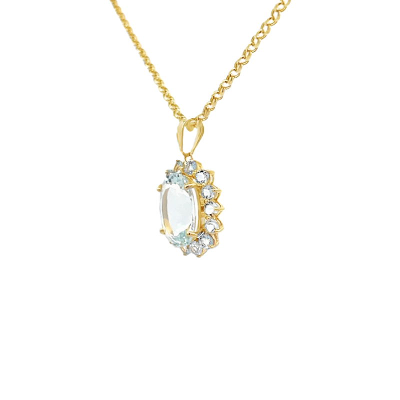 Oval Aquamarine Pendant Halo 14K Yellow Gold