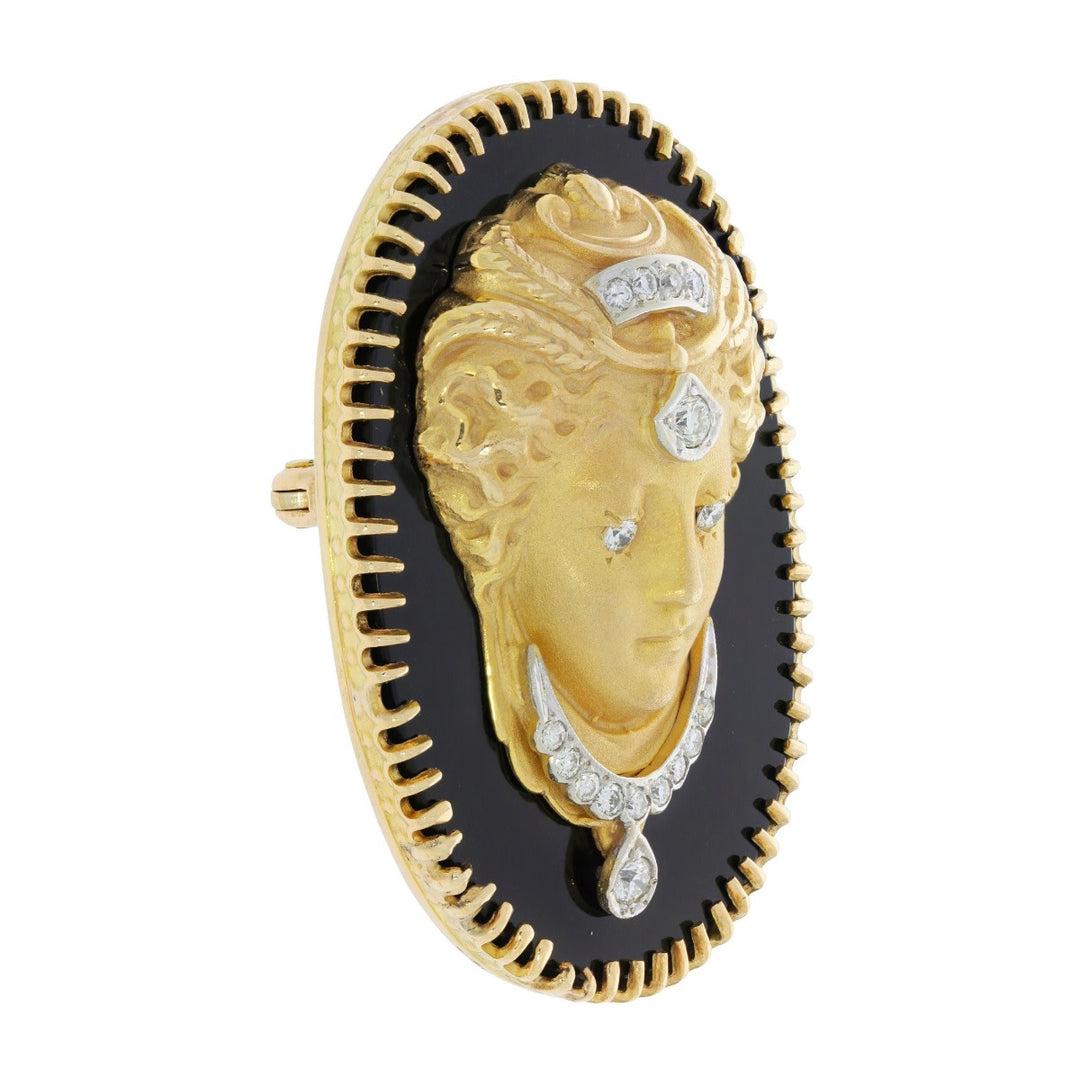 Cameo Onyx Diamond 14K Yellow Gold Brooch/Pendant 0.24CT