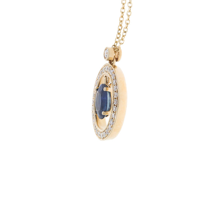 Blue Sapphire Floating Diamond Halo Necklace 14K Yellow Gold