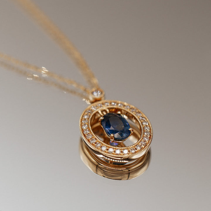 Blue Sapphire Floating Diamond Halo Necklace 14K Yellow Gold