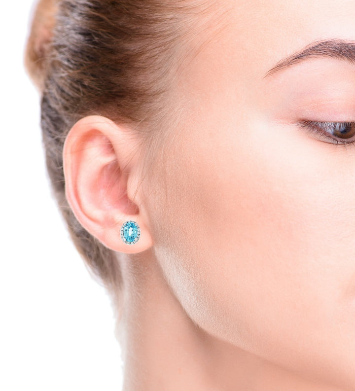 Blue Zircon Diamond Halo Stud Earrings 14K White Gold 2.48CTW