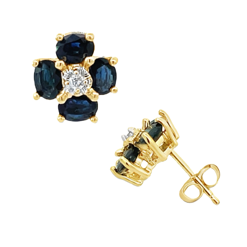 Sapphire Diamond Flower Studs 14K Two Tone