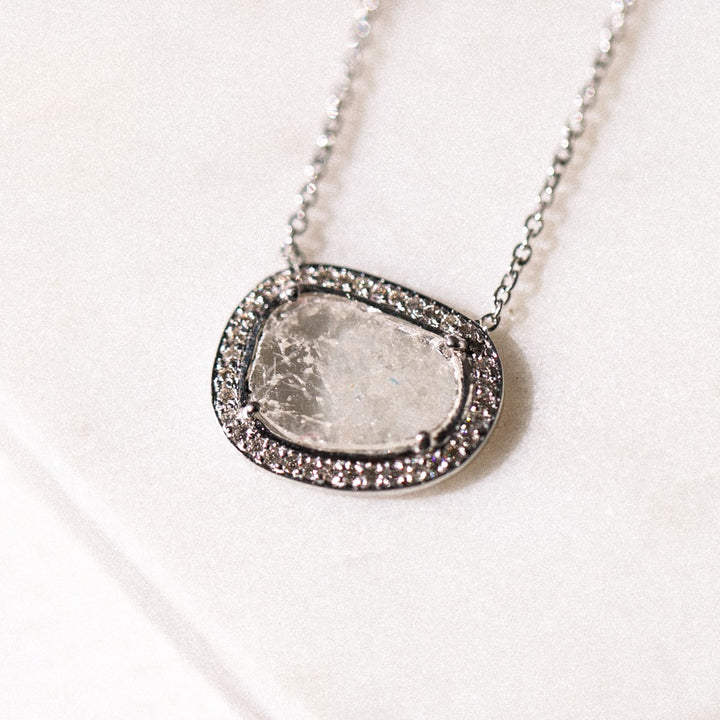 Raw Salt & Pepper Diamond Halo Necklace 14K White Gold .70CT