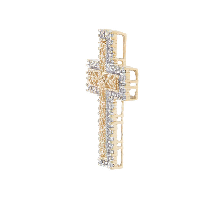 Diamond Filigree Cross Pendant 14K Two Tone .17CTW