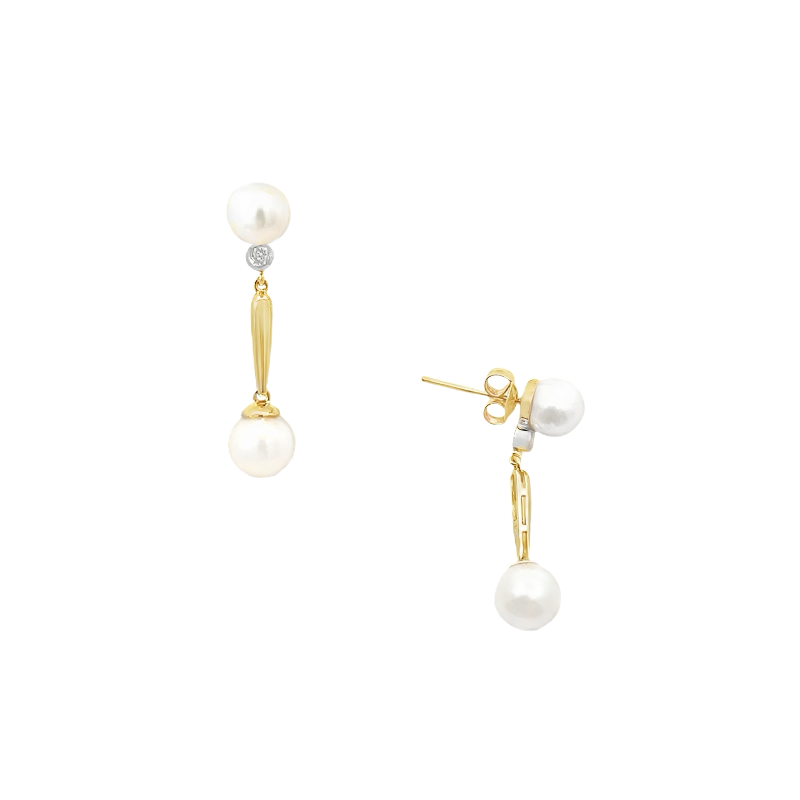 Pearl Diamond Dangle Earrings 14K Two Tone