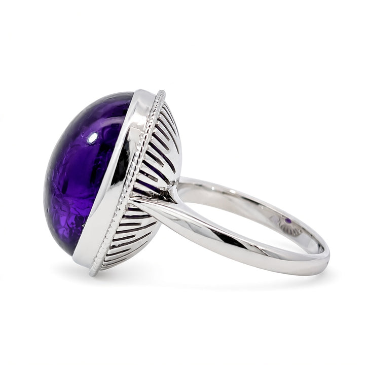 Cabochon Amethyst Solitaire Ring 14K White Gold 12.07CT