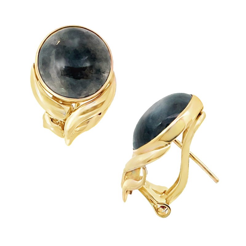 Black Jade Cabochon Omega Back Earrings 14K Yellow Gold