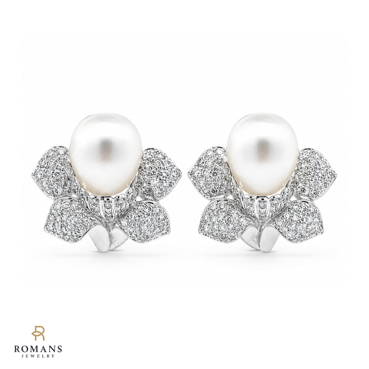 Diamond South Sea Pearl Flower Earrings 18K White Gold
