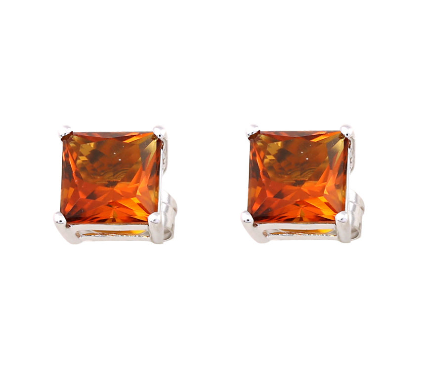 Citrine Princess Cut Stud Earrings 14K White Gold