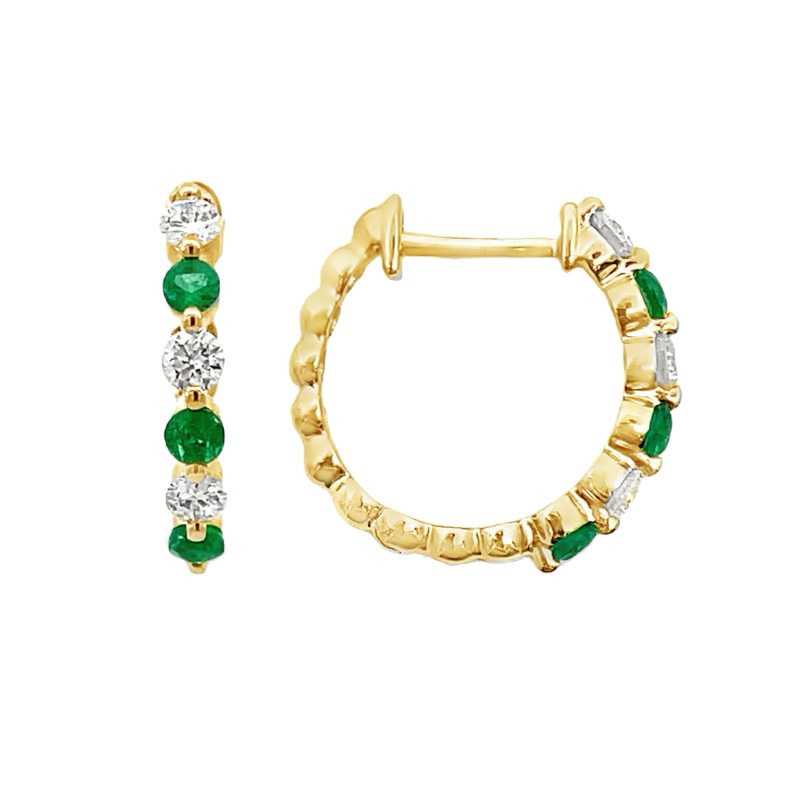 Emerald  Diamond Shared Half Hoop Earring 14k Yellow Gold 14MM