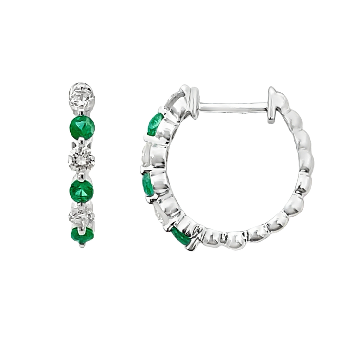 Emerald Diamond Half Hoop Earring 14K White Gold 14MM