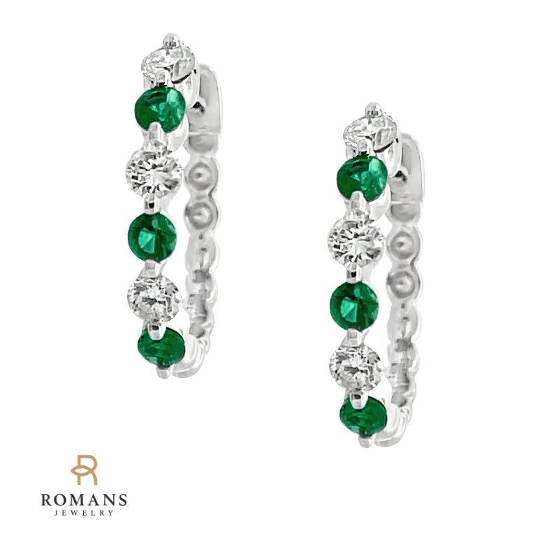 Emerald Diamond Half Hoop Earring 14K White Gold 14MM