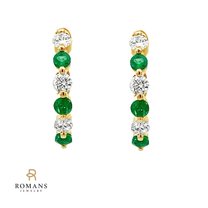 Emerald  Diamond Shared Half Hoop Earring 14k Yellow Gold 14MM