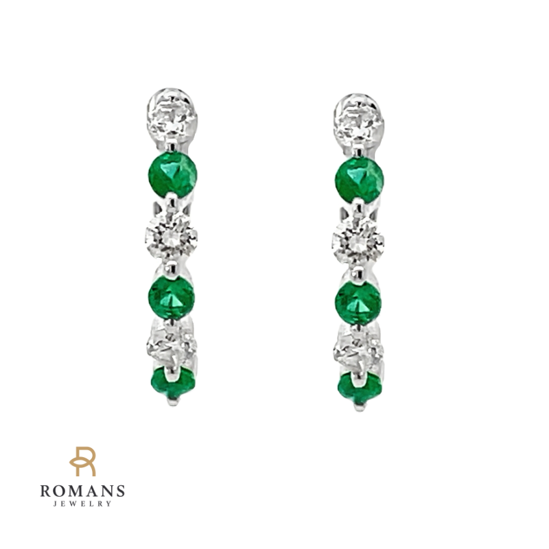 Emerald Diamond Half Hoop Earring 14K White Gold 14MM