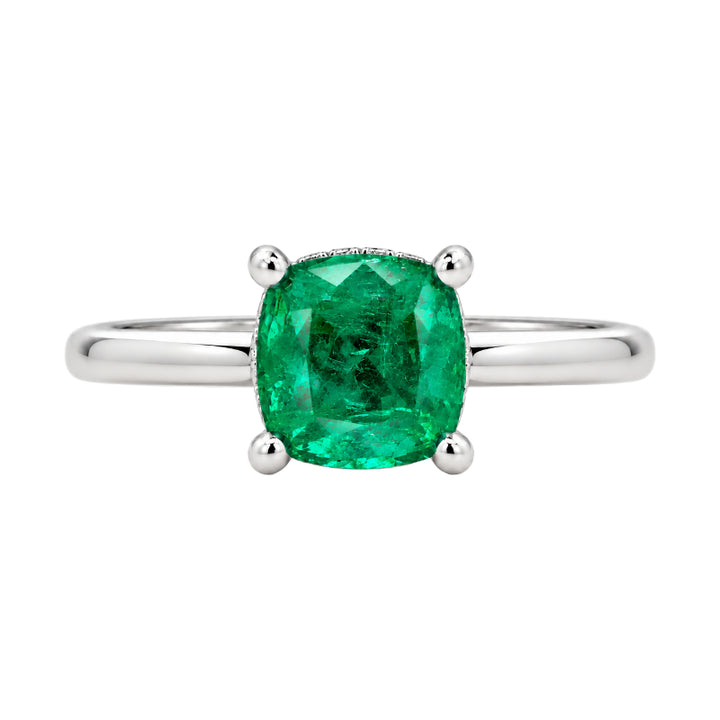 Cushion Cut Emerald Hidden Halo Ring 14K White Gold 1.71CT