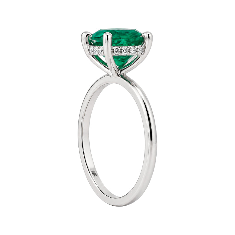 Cushion Cut Emerald Hidden Halo Ring 14K White Gold 1.71CT