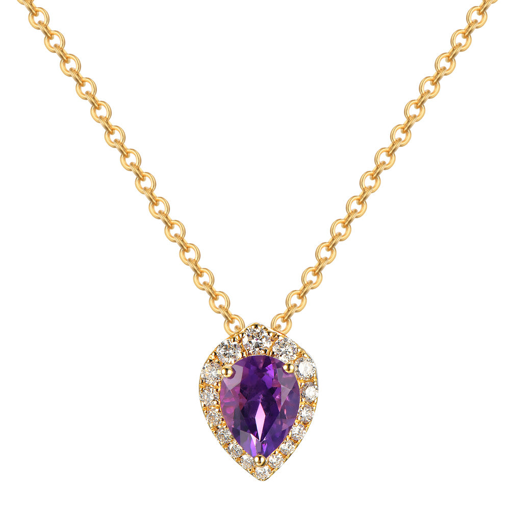 Pear Amethyst Diamond Pendant 14K Yellow Gold