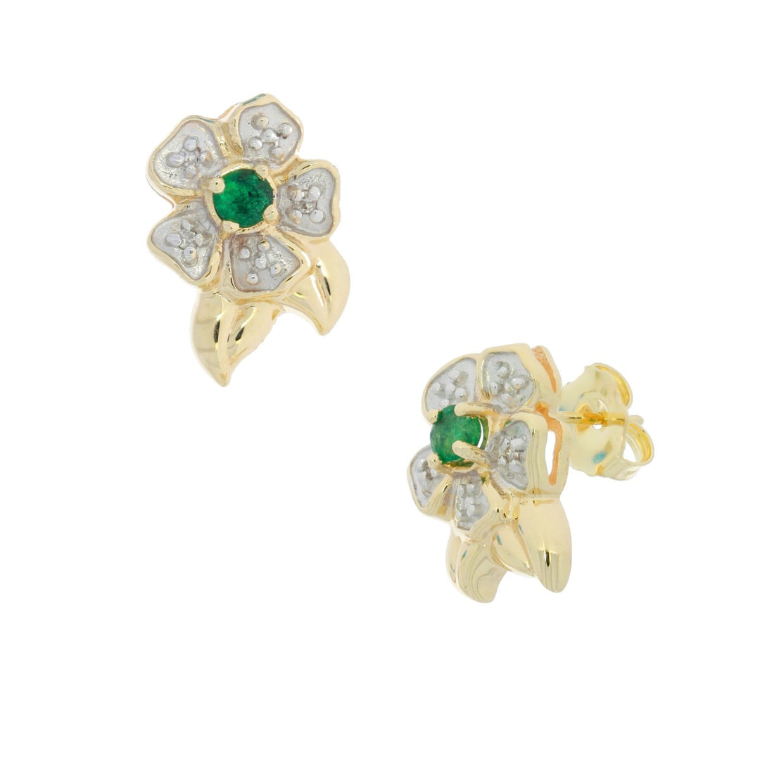 Emerald Diamond Flower Earrings 10K Two Tone