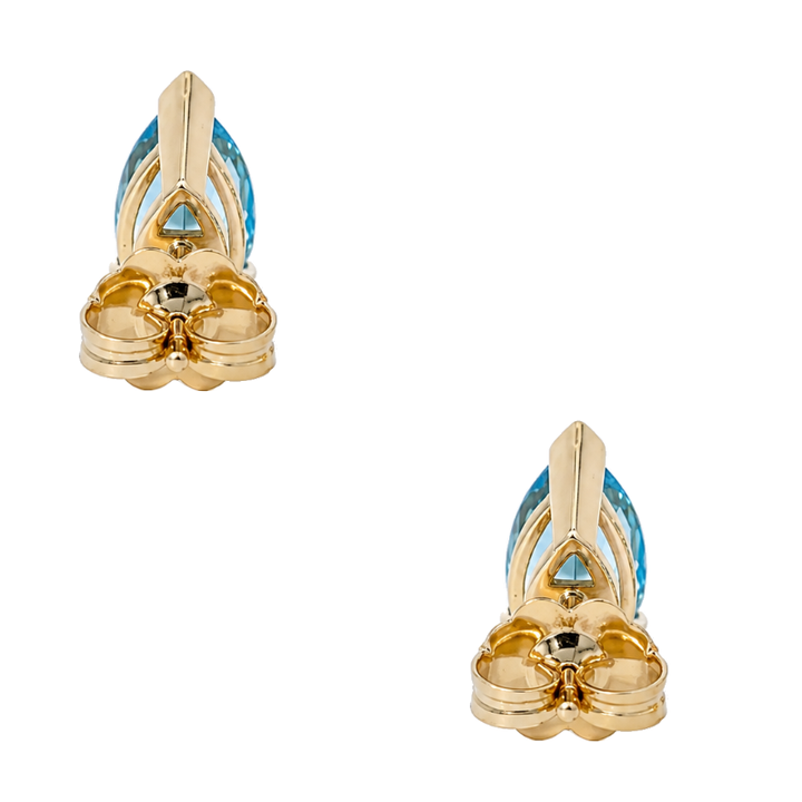 Swiss Blue Topaz Stud Earrings 2CTW Pear Cut 14K Yellow Gold
