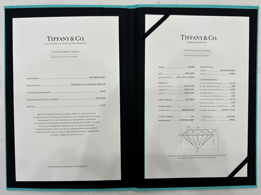 Tiffany &amp; Co Diamond Solitaire Engagement Ring .81CT Platinum