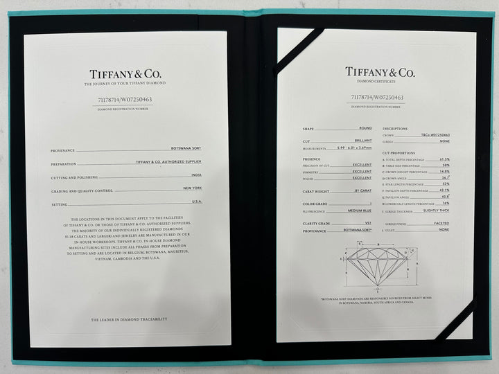 Tiffany &amp; Co Diamond Solitaire Engagement Ring .81CT Platinum