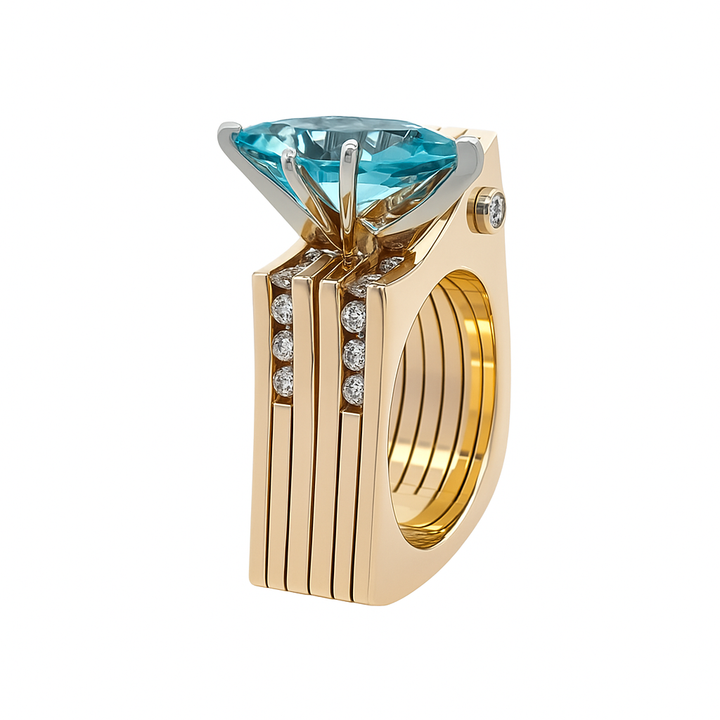 Blue Zircon Diamond Ring 14K Yellow Gold 4.55CT