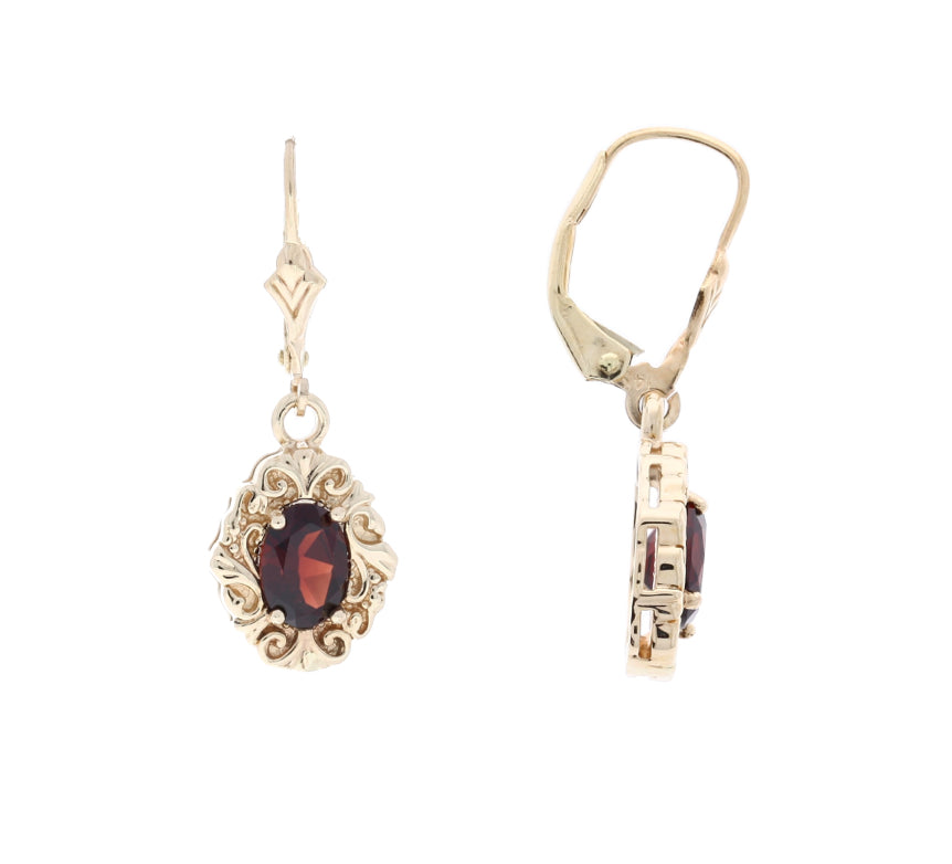 Garnet Filigree Dangle Earrings 14K Yellow Gold 1.84CTW