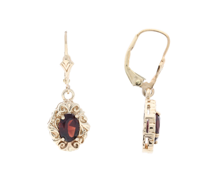 Garnet Filigree Dangle Earrings 14K Yellow Gold 1.84CTW