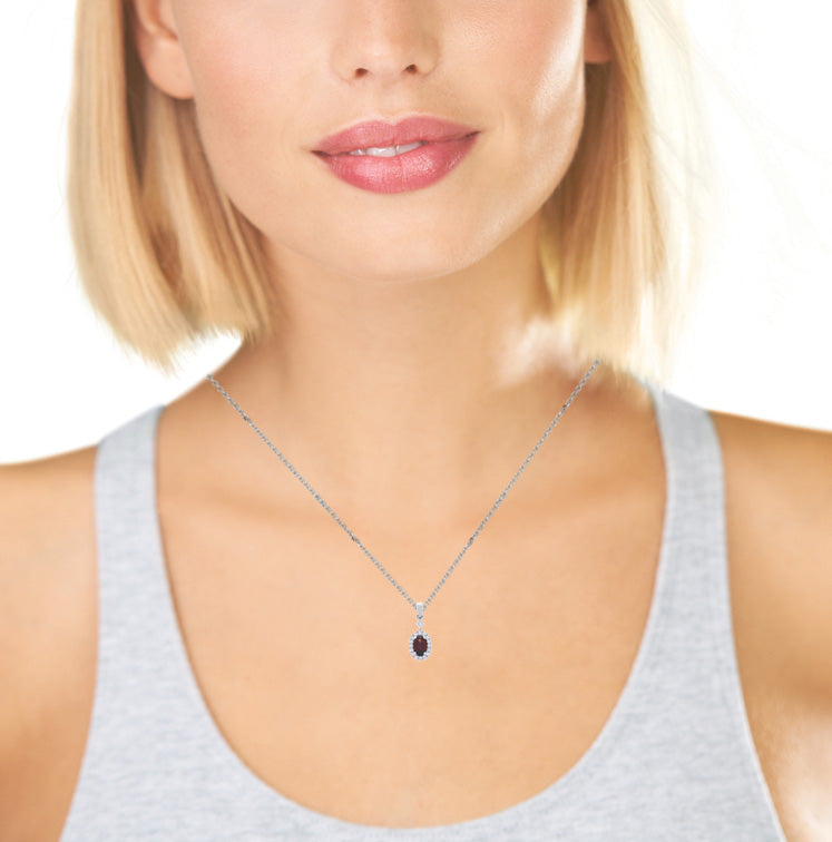Garnet Diamond Halo Pendant 14K White Gold .58CT