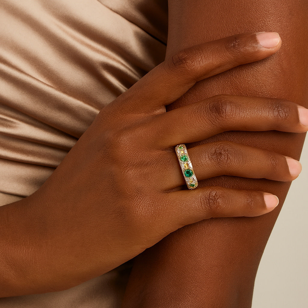 Emerald Diamond Band 18K Yellow Gold
