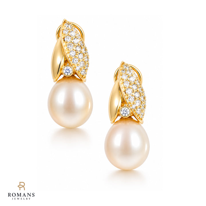 Pearl Diamond Dangle Earrings 18K Yellow Gold
