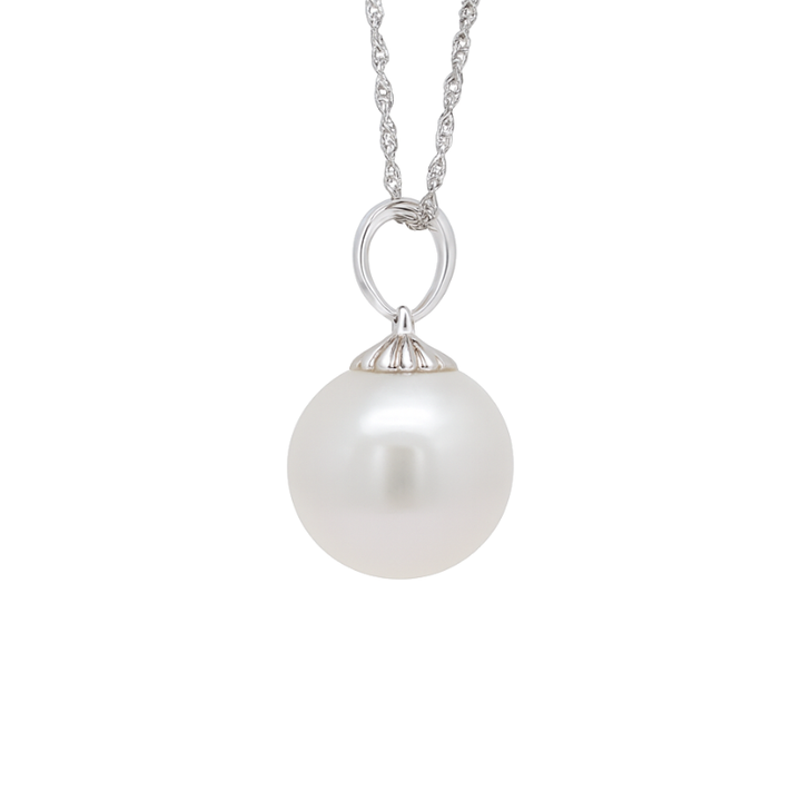 White Pearl Drop Necklace 14K White Gold 11MM