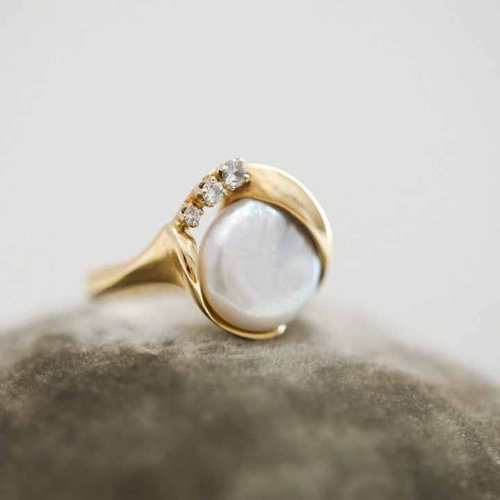 Button Pearl Diamond Ring 14K Yellow Gold