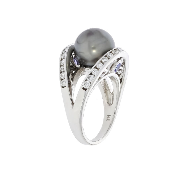 Tahitian Pearl Diamond Ring 14K White Gold 0.84CTW