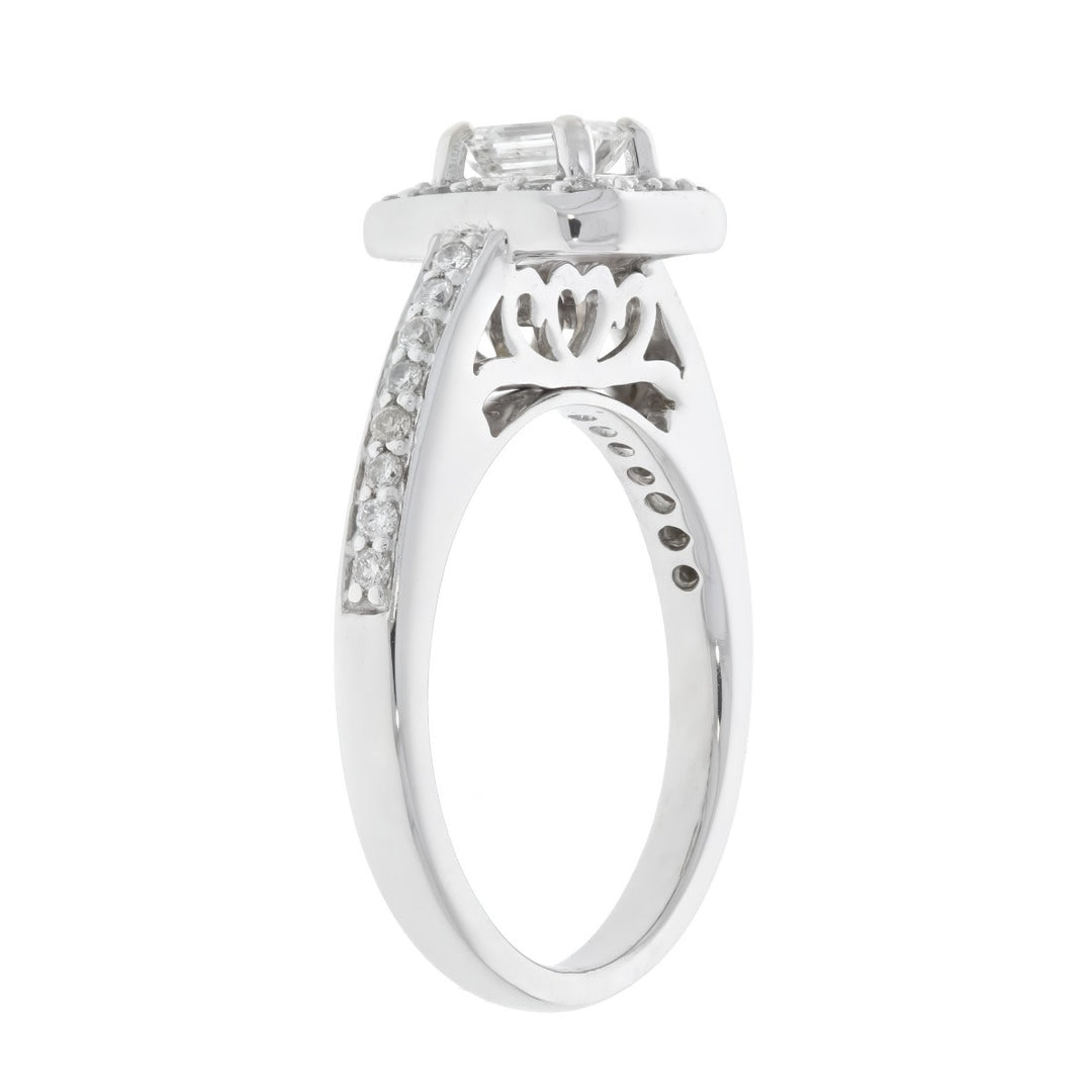 14K White Gold Emerald Cut Diamond Halo Engagement Ring