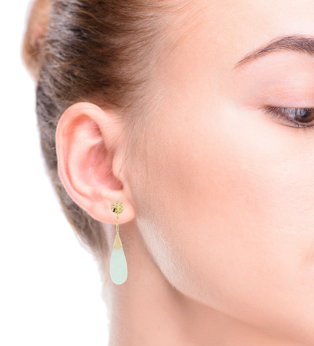 Chinese Fú 福 Tear Drop Jade Dangle Earrings 14K Yellow Gold